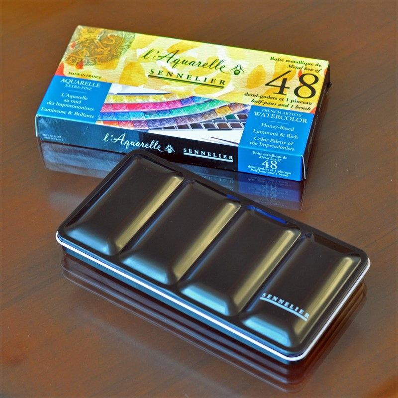 ESTOJO AQUARELA SENNELIER L'AQUARELLE 48 CORES HALF PAN + PINCEL N131607