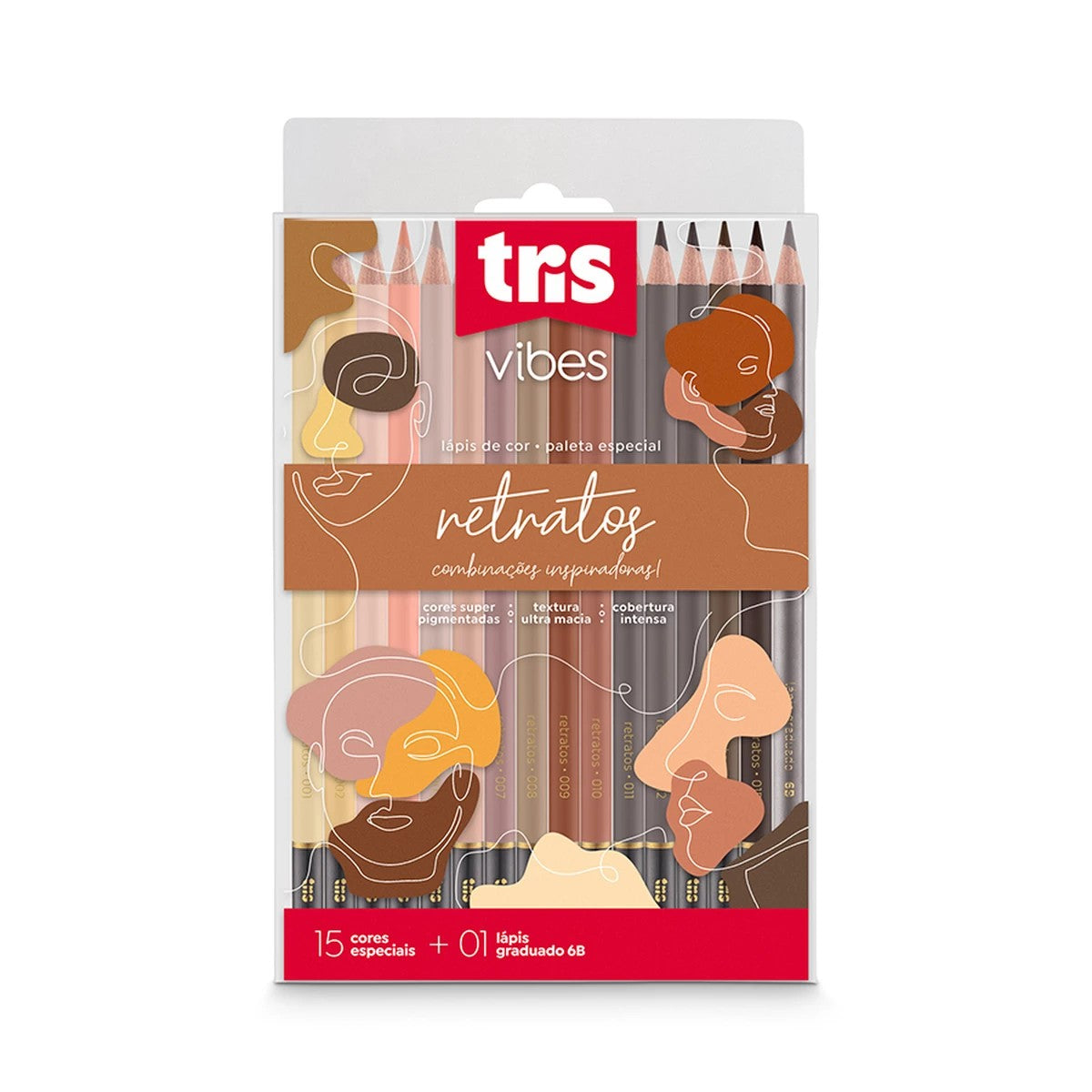 LAPIS COR TRIS VIBES 15 CORES RETRATOS + LAPIS 6B