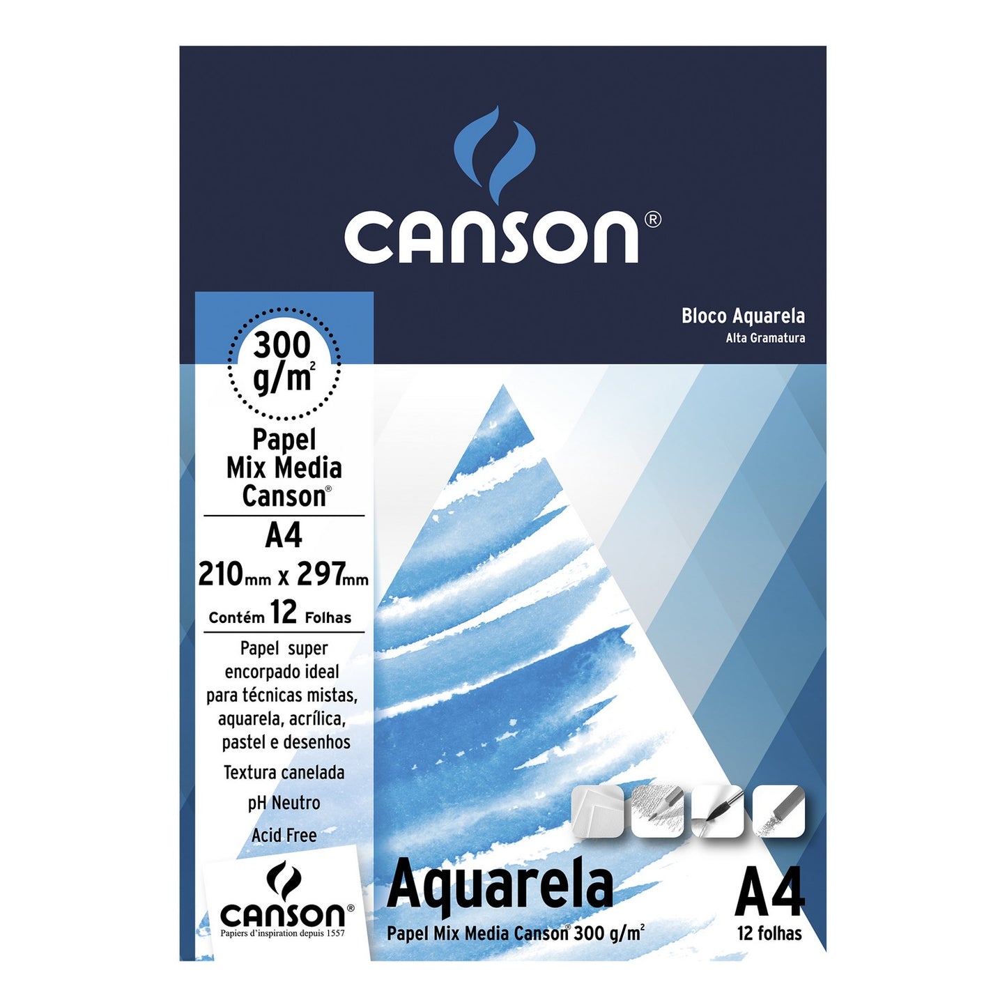 BLOCO CANSON AQUARELA MIX MEDIA 300g/m2 A4 12 FOLHAS