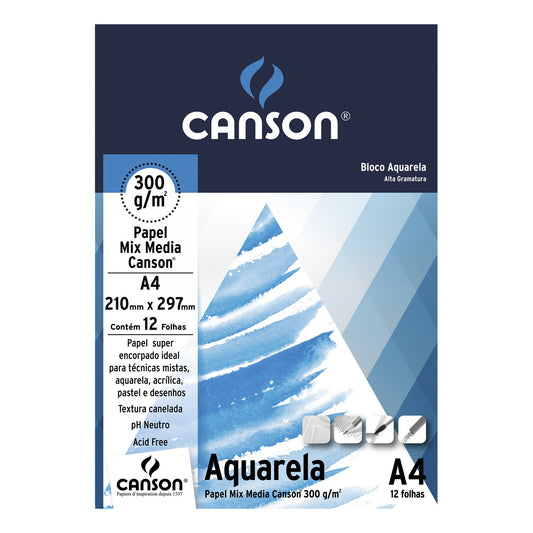 BLOCO CANSON AQUARELA MIX MEDIA 300g/m2 A4 12 FOLHAS