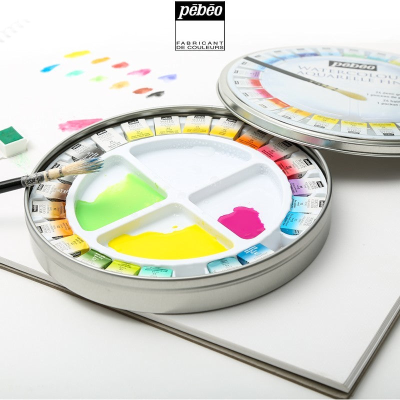 ESTOJO AQUARELA PEBEO 24 HALF PAN + PINCEL METAL BOX