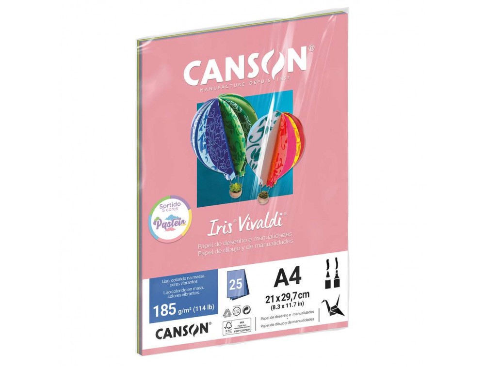PAPEL CANSON IRIS VIVALDI A4 185G/M2 CORES PASTEIS C/ 25 FL PAPEL CANSON IRIS VIVALDI A4 185G/M2 CORES PASTEIS C/ 25 FL